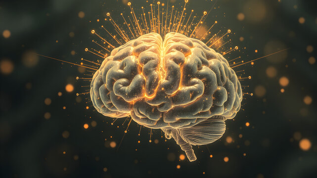 Abstract brain with golden light radiating from it, representing money mindset and wealth consciousness