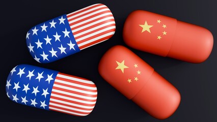 a 3D rendering of a capsule-shaped pill showcases the flag of United State of America and flag of China