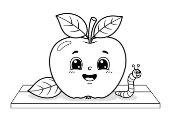 Black and white coloring book illustration, cute apple with a smiling face, sitting on a table with a few leaves and a small worm peeking out, thick smooth outlines, simple but playful style