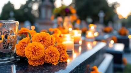 A serene cemetery scene featuring vibrant orange marigolds and candles, symbolizing remembrance and honoring the deceased during a memorial event.