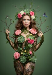 A surreal and artistic composition featuring a graceful woman merging with nature