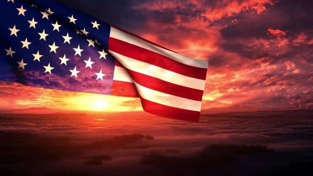 American Flag at Sunset: A dramatic and inspiring image of the American flag waving proudly against a backdrop of a fiery sunset, evoking patriotism, freedom, and hope. 