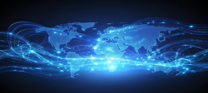 Global network connection, digital world map with glowing lines.