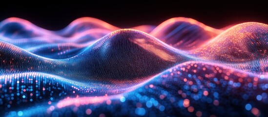 Fototapeta premium Abstract glowing data waves, digital landscape, vibrant colors, dark background, tech presentation