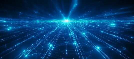 Abstract blue digital data stream converging to bright light.