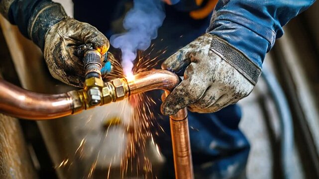 Precise Welding: A skilled welder's hands, protected by worn gloves, expertly manipulate a welding torch, joining copper pipes with precision and sparks flying.