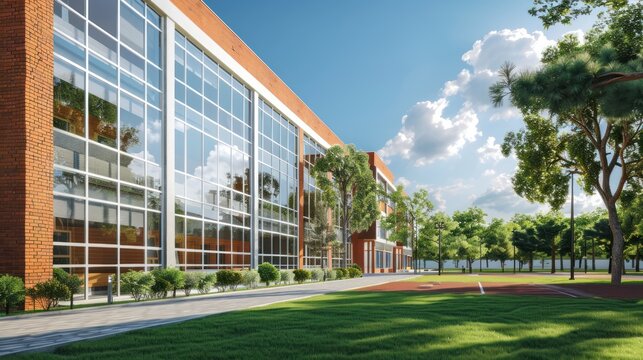 Modern School Building with Green Lawn