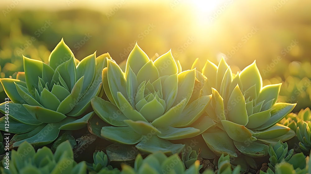 Poster lush green succulents basking in sunlight, creating a serene and vibrant atmosphere in a natural set