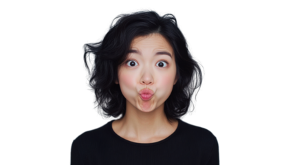 Young woman making funny face with inflated cheeks on transparent background