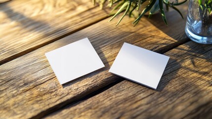 Blank business cards on rustic wooden table, sunlight, plant