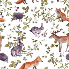 watercolor drawing seamless pattern with animals, rabbits, foxes and deer and green plants, flowers and berries of blackberry at white background, hand drawn illustration