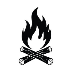Campfire Icon – Black Silhouette Vector of Burning Fire with Logs