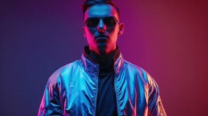 Obraz premium Cool Young Man Wearing Sunglasses and Bomber Jacket Posing Under Neon Lights