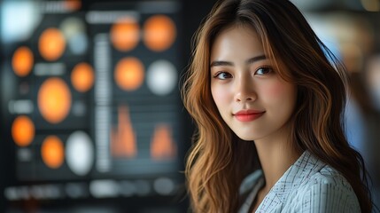 Young woman with long hair smiling in front of colorful data visualizations in a modern office