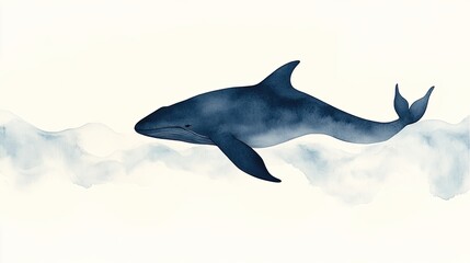Obraz premium A serene watercolor illustration of a whale swimming gracefully through soft ocean waves