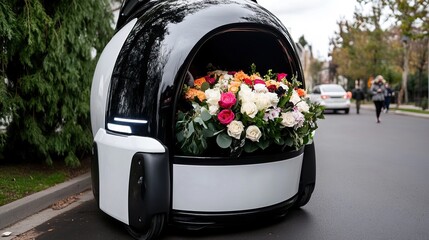 A delivery robot adorned with vibrant flowers is parked on a street, showcasing a blend of technology and nature.