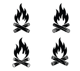 Campfire Icon – Black Silhouette Vector of Burning Fire with Logs