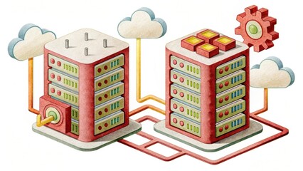 Illustration of two data servers connected by pipes, featuring cloud symbols and a gear, representing cloud computing and network infrastructure.