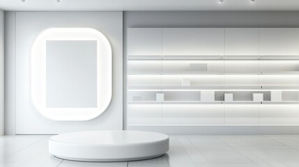 Fototapeta premium Minimalist white store interior, display podium, shelves, background