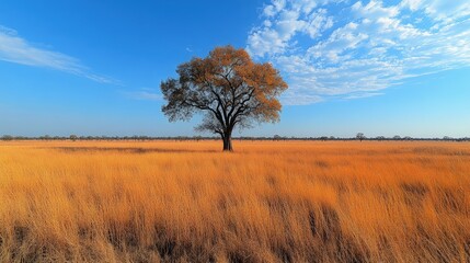 Fototapeta premium Solitary tree stands tall in golden grassland under a clear blue sky with scattered clouds