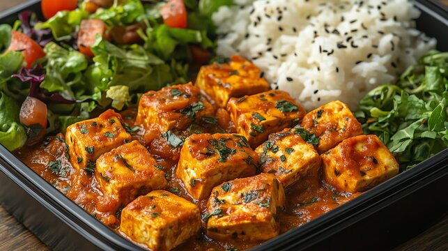 A vibrant dish featuring flavorful paneer cubes in a rich tomato sauce served with fresh salad and fluffy rice. Perfect for a satisfying meal that highlights vegetarian cuisine.