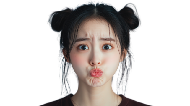 Young woman making a funny face with puffed cheeks and transparent background