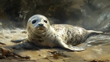 Cute Grey Seal Relaxing on Pebble Beach with Gentle Ocean Waves