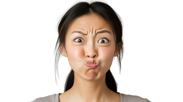 Young woman making funny face with puffed cheeks on transparent background