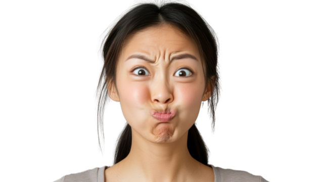 Young woman making funny face with puffed cheeks on transparent background - Powered by Adobe