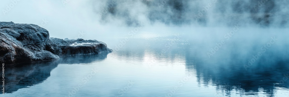 Fototapete relaxing in a serene hot spring surrounded by misty steam rising from the rocky edges in a tranquil 