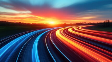 Naklejka premium Vibrant sunset over a highway with light trails.