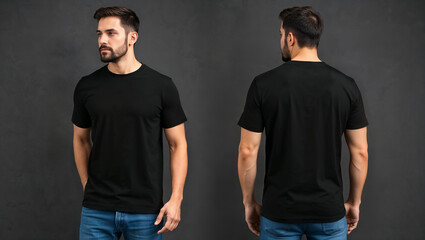 Naklejka premium Modern plain black tshirt mockup with male model front and back views for fashion show live