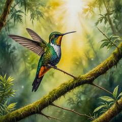 Fototapeta premium Watercolor illustration of a Racket-tailed Hummingbird perched on a mossy branch in an enchanting Bolivian rainforest