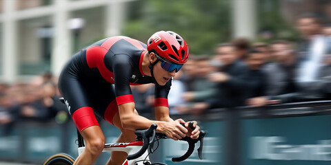 Obraz premium Professional cyclist breaks away from pack on road with explosive acceleration and unwavering focus