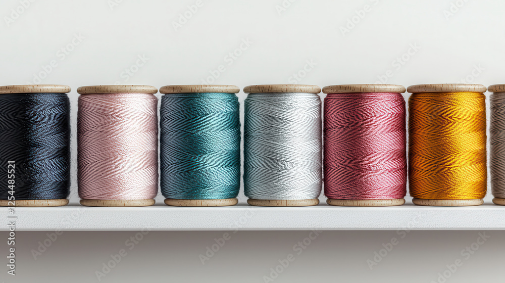 Poster colorful thread spools arranged neatly on shelf, showcasing various shades and textures. this vibran