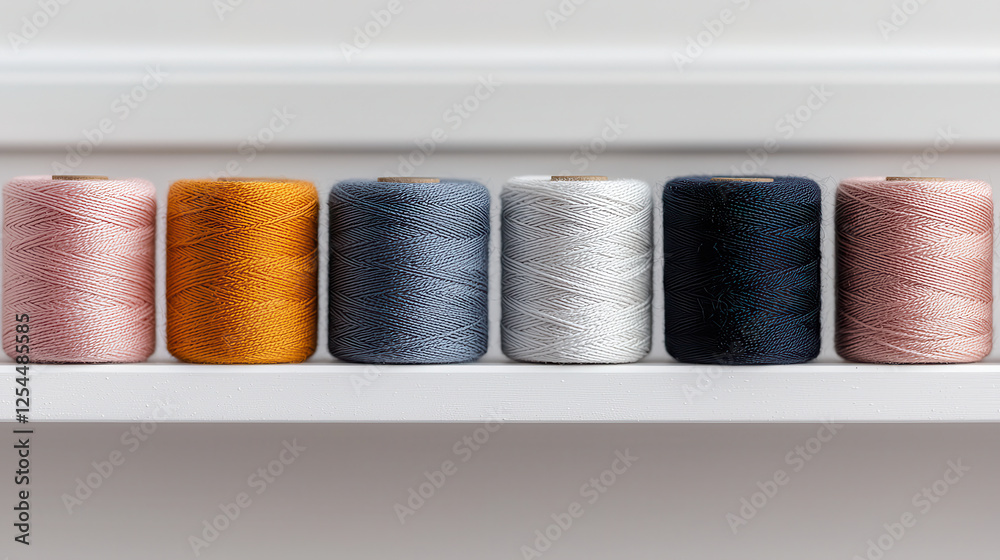Poster colorful thread spools arranged neatly on shelf, showcasing various shades. vibrant colors create vi
