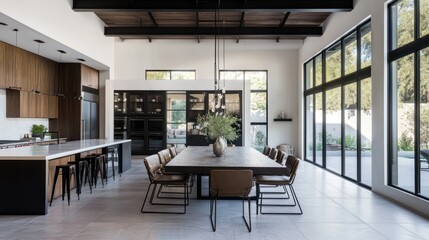 Modern kitchen & dining area, large windows, backyard view, home interior design