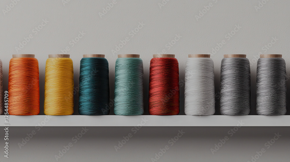 Poster colorful thread spools arranged neatly on shelf, showcasing vibrant hues and textures. this captures