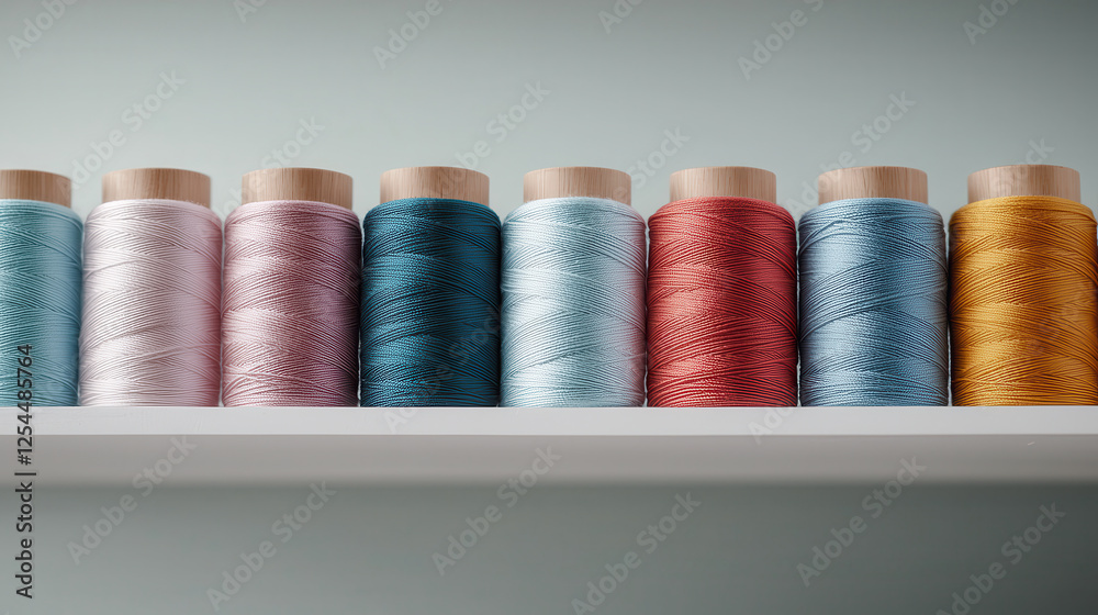 Poster Colorful spools of thread arranged neatly on shelf, showcasing various shades. This vibrant display adds creative touch to any sewing space