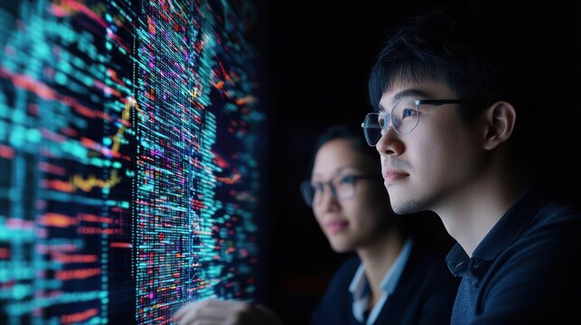 Focused Programmers Analyze Data On Digital Display