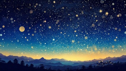 Fototapeta premium 手書き風の青い夜空のイメージ キラキラ 水彩風 背景素材 16:9サイズ AI生成素材
