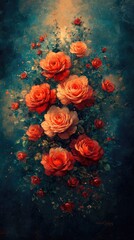 A vibrant arrangement of blooming roses in various shades of red and pink against a dark blue background