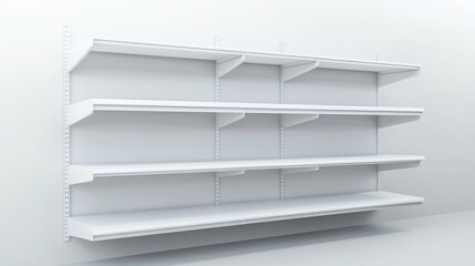 Empty white shelves on wall, retail display, blank space