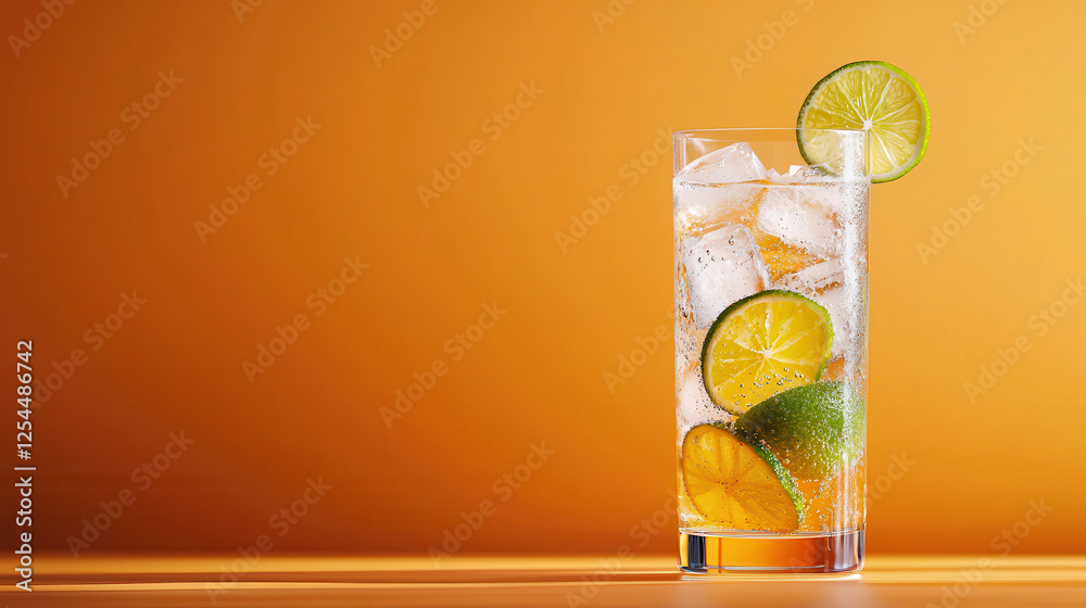 Poster refreshing drink in tall glass with ice and lime slices