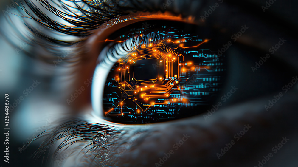 Poster close up image of vivid eye featuring intricate circuitry and glowing lights, symbolizing technology