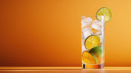 Refreshing drink in tall glass with ice and lime slices