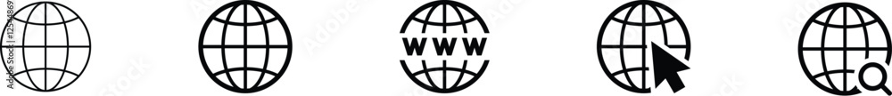 Wall mural earth and globe icon set. world map line icon. website global search vector icon with magnifying gla
