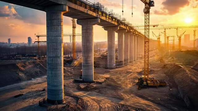 Bridge Construction at Sunset: A majestic bridge under construction against a vibrant sunset, showcasing the scale and complexity of modern infrastructure projects.