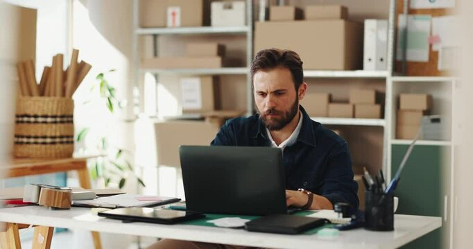 Businessman, logistics and writing with laptop for schedule delivery, reminder or online order at office. Man, distributor or employee taking notes with computer for supply chain or courier service