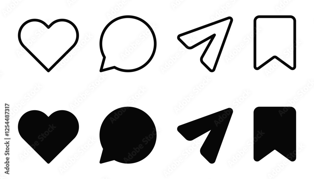 Poster like, comment, share and save icon set. social media notification icons , social network user interf
